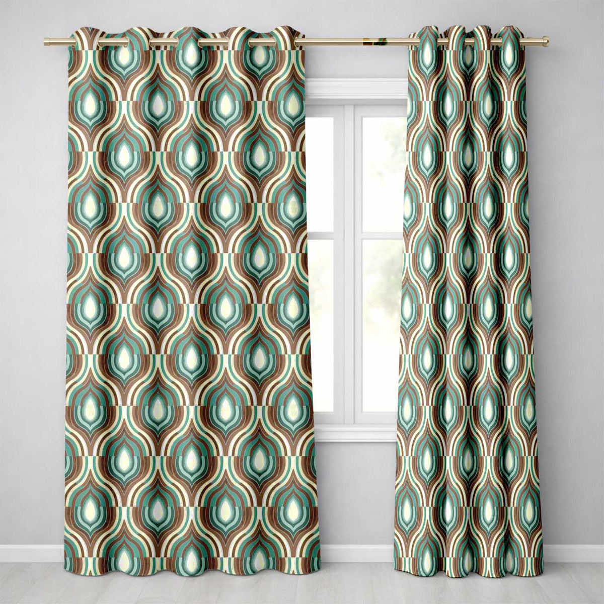 Vintage Teal Brown Geometric Arch Repeat Seamless Pattern  Readymade Eyelet Ring Top Thermal 100% Blackout Curtains