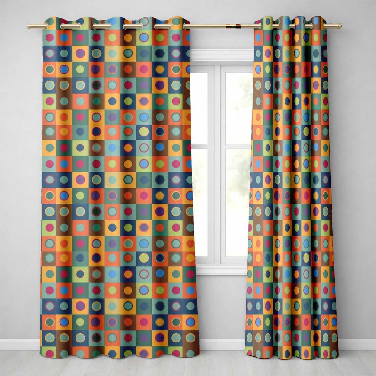 Colorful Polka Dot Grid Modern Geometric Seamless Pattern  Readymade Eyelet Ring Top Thermal 100% Blackout Curtains