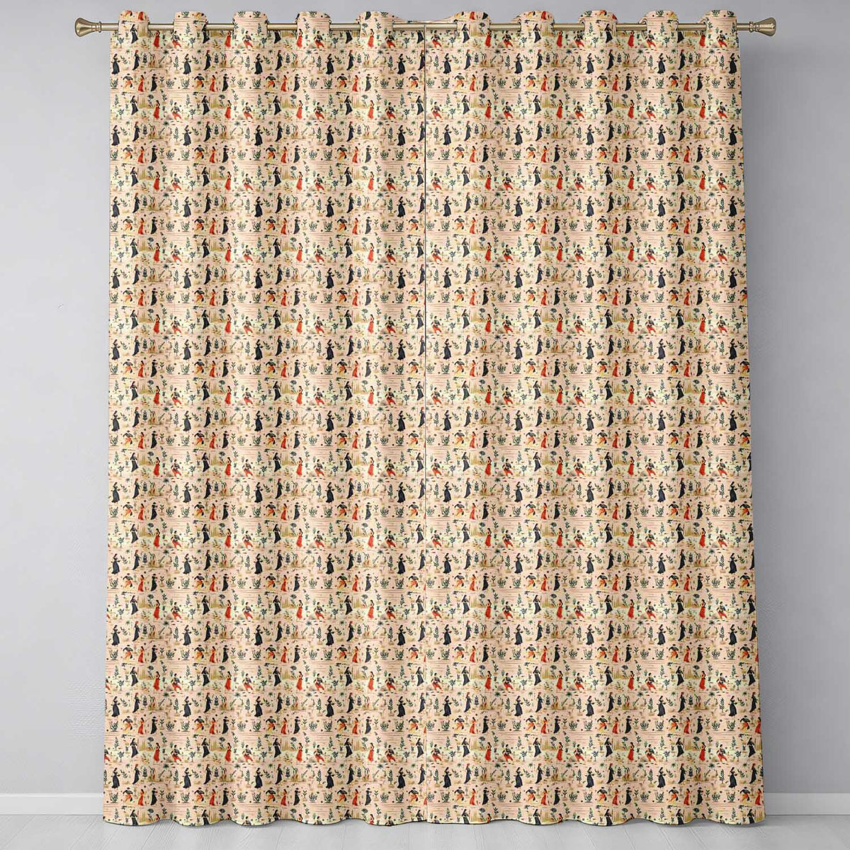 Vintage Toile Style Women Garden Scene Seamless Pattern  Readymade Eyelet Ring Top Thermal 100% Blackout Curtains