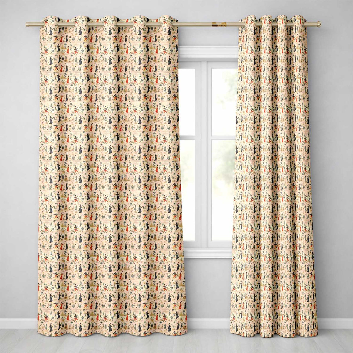 Vintage Toile Style Women Garden Scene Seamless Pattern  Readymade Eyelet Ring Top Thermal 100% Blackout Curtains