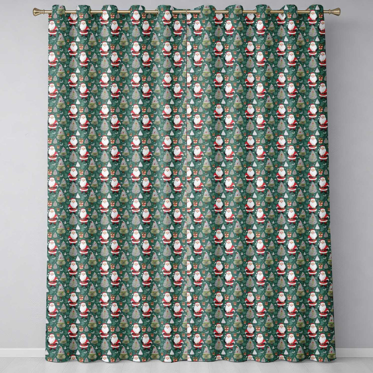 Cute Santa Trees Gifts Snowflakes Teal Christmas   Whimsical Festive  Readymade Eyelet Ring Top Thermal 100% Blackout Curtains