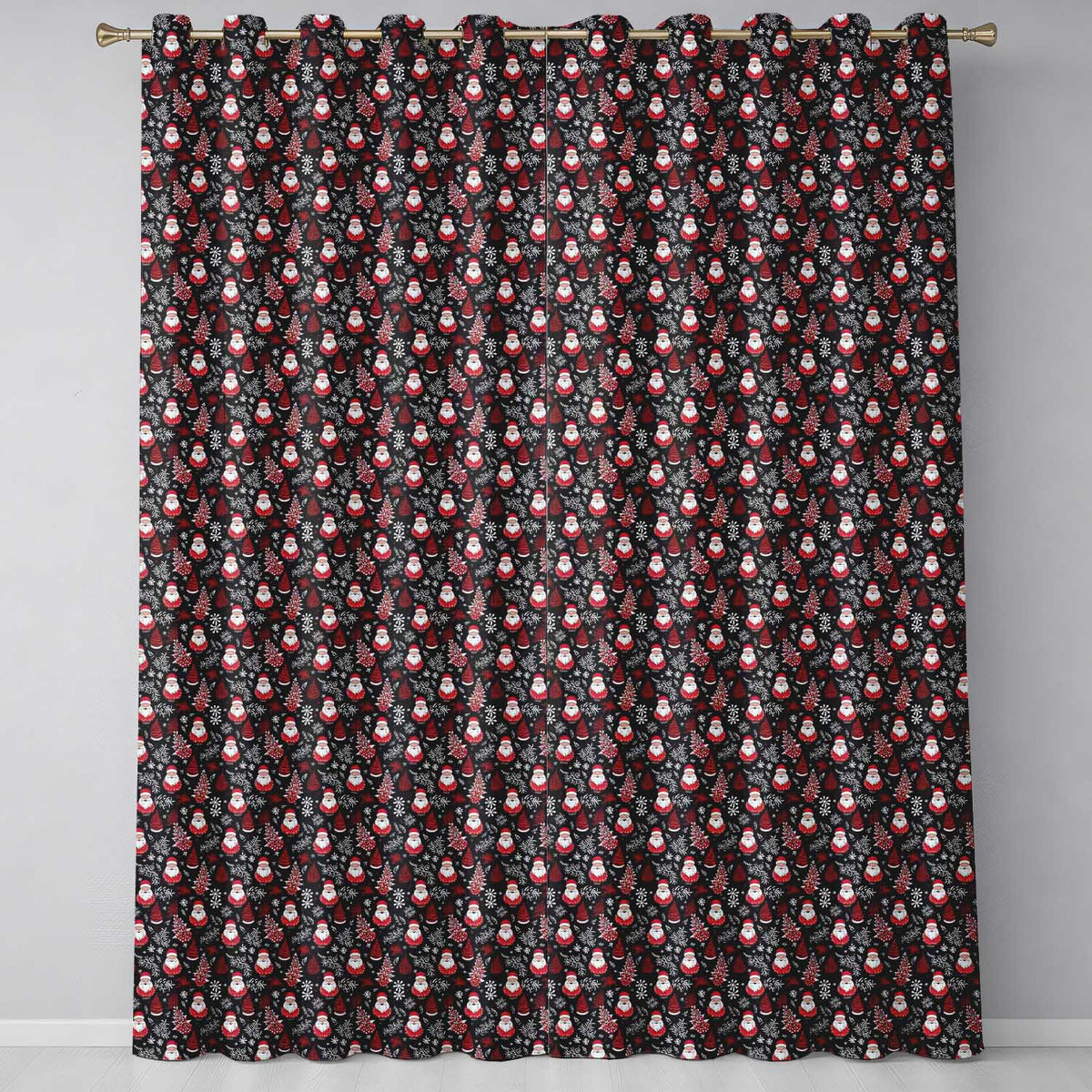 Festive Santa Folk  Black Background Red White Winter Christmas  Readymade Eyelet Ring Top Thermal 100% Blackout Curtains