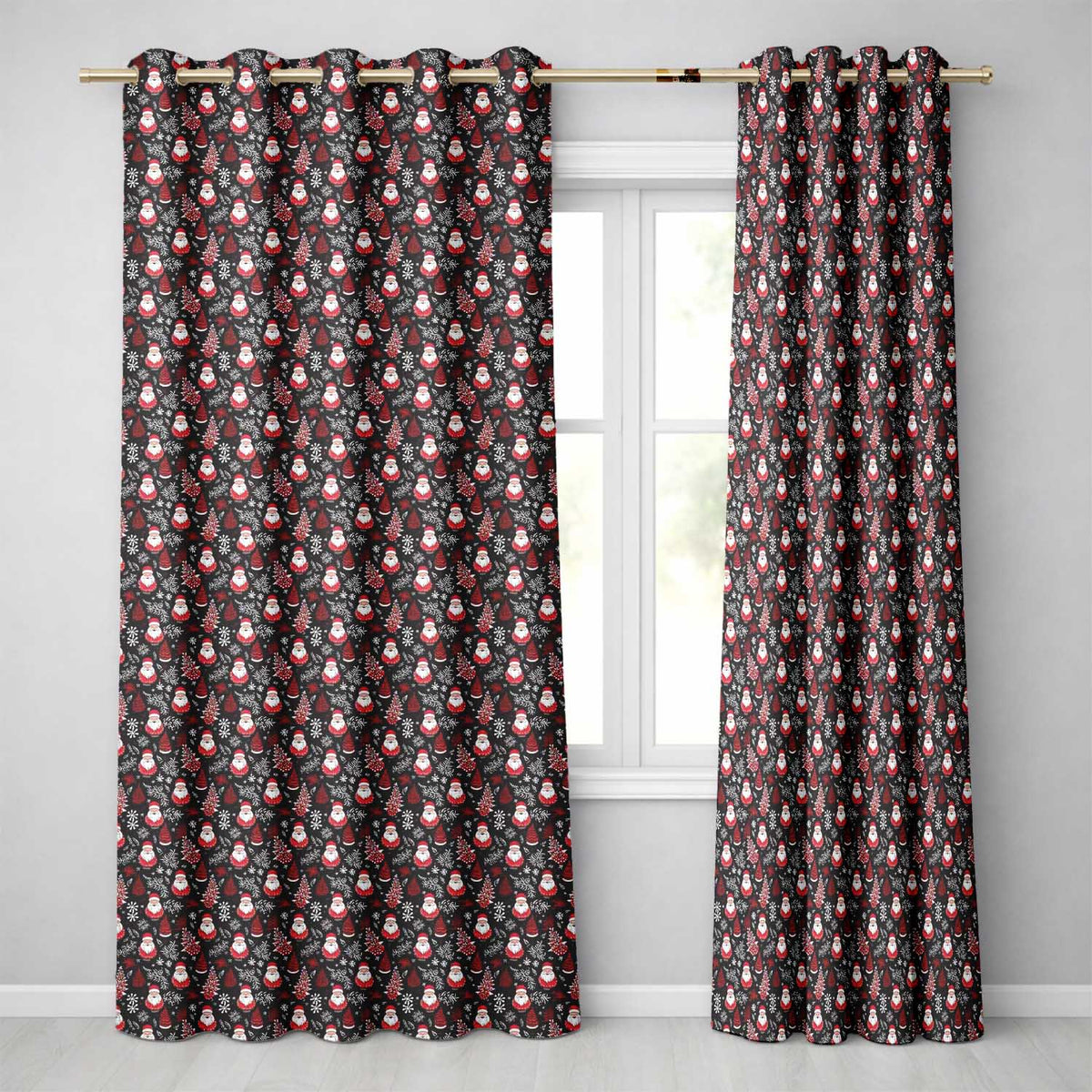 Festive Santa Folk  Black Background Red White Winter Christmas  Readymade Eyelet Ring Top Thermal 100% Blackout Curtains