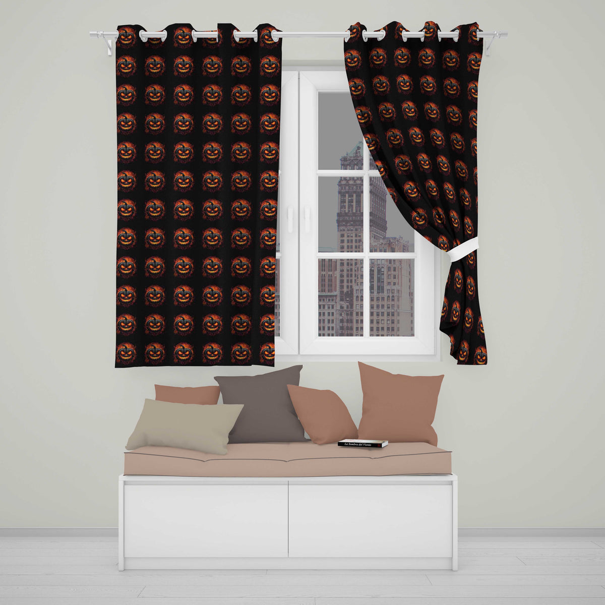 Glowing Halloween Pumpkin Fire Eyes Dark Seamless Pattern Creepy Autumn Design  Readymade Eyelet Ring Top Thermal 100% Blackout Curtains