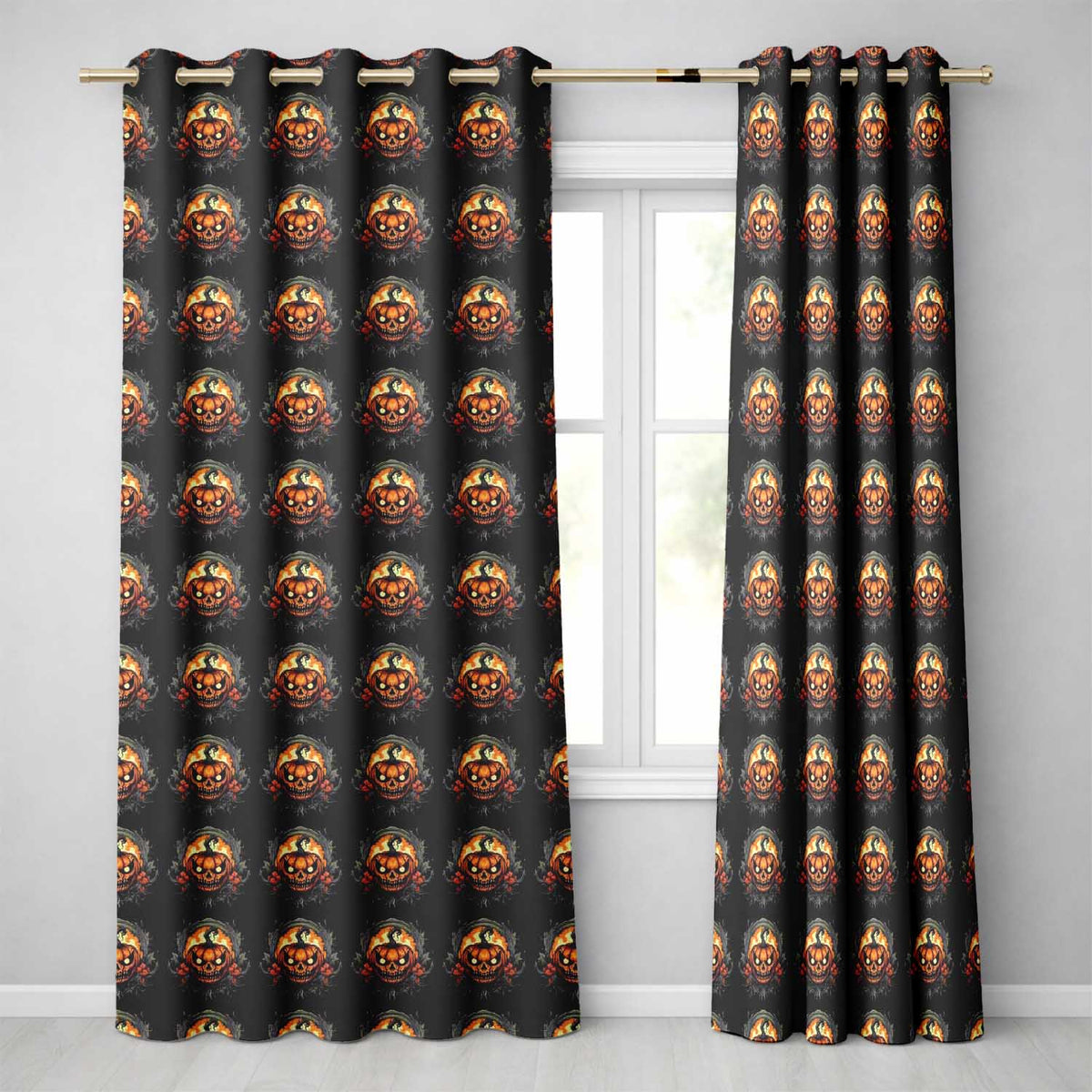 Haunted Pumpkin Skull Floral Dark Background Halloween Seamless Pattern  Readymade Eyelet Ring Top Thermal 100% Blackout Curtains