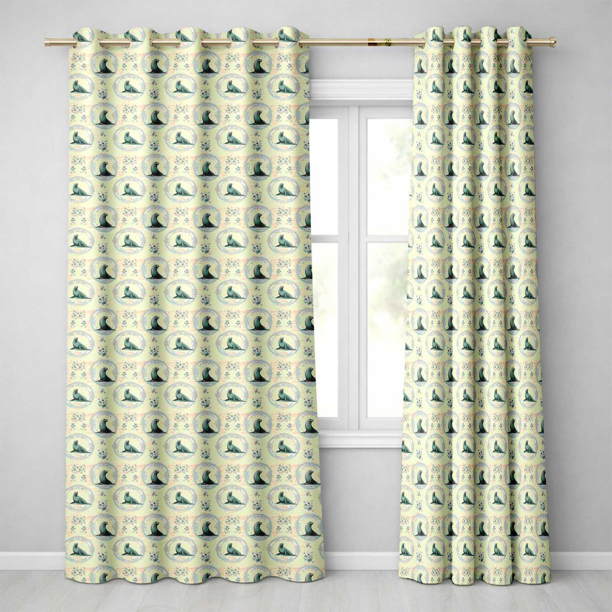 Elegant Seal Cameo Frames with Floral Vintage Beige Seamless Pattern  Readymade Eyelet Ring Top Thermal 100% Blackout Curtains