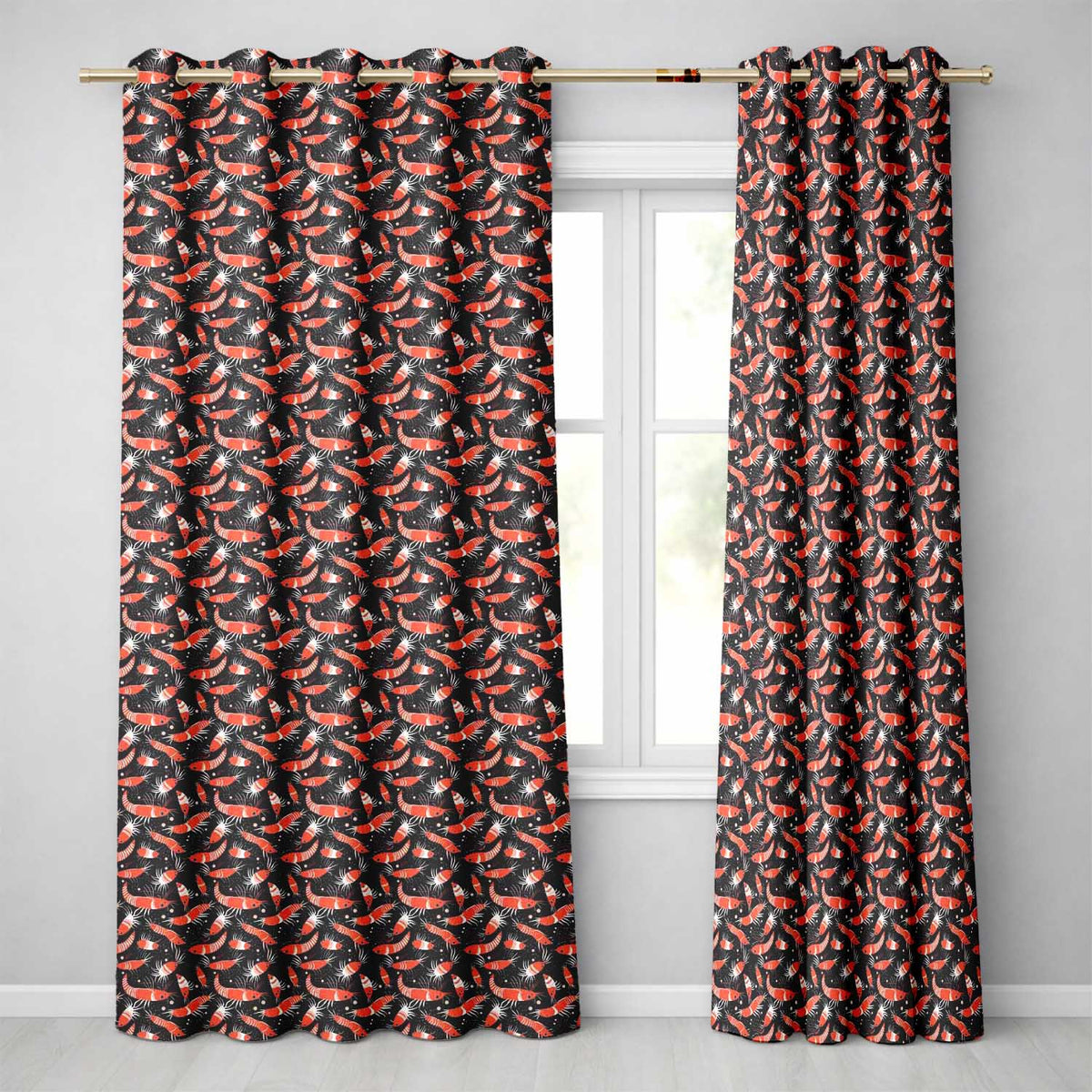 Graphic Red Shrimp on Dark Ocean Background Seamless Pattern  Readymade Eyelet Ring Top Thermal 100% Blackout Curtains