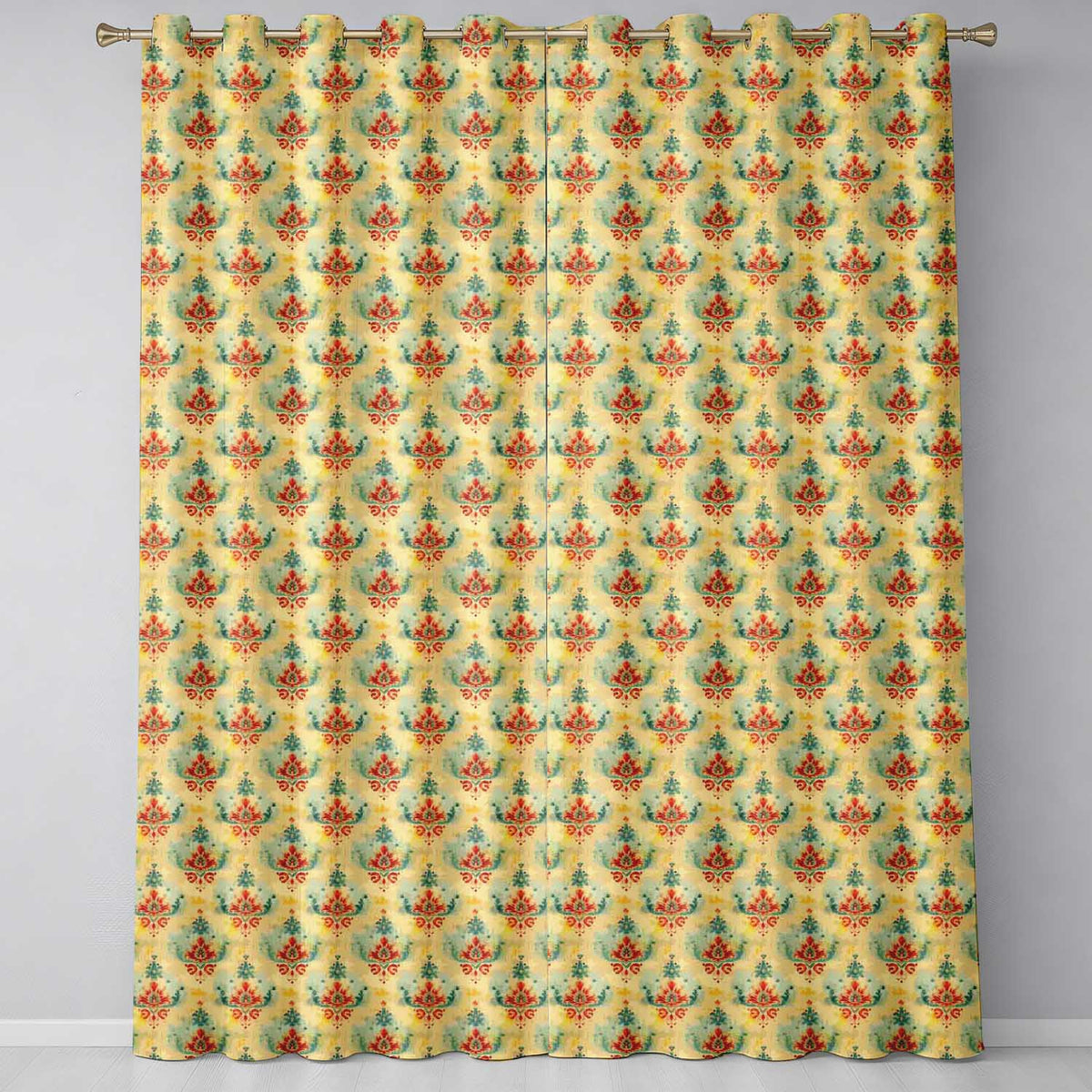 Vintage Distressed Damask Motif Pattern in Red Teal and Gold  Readymade Eyelet Ring Top Thermal 100% Blackout Curtains