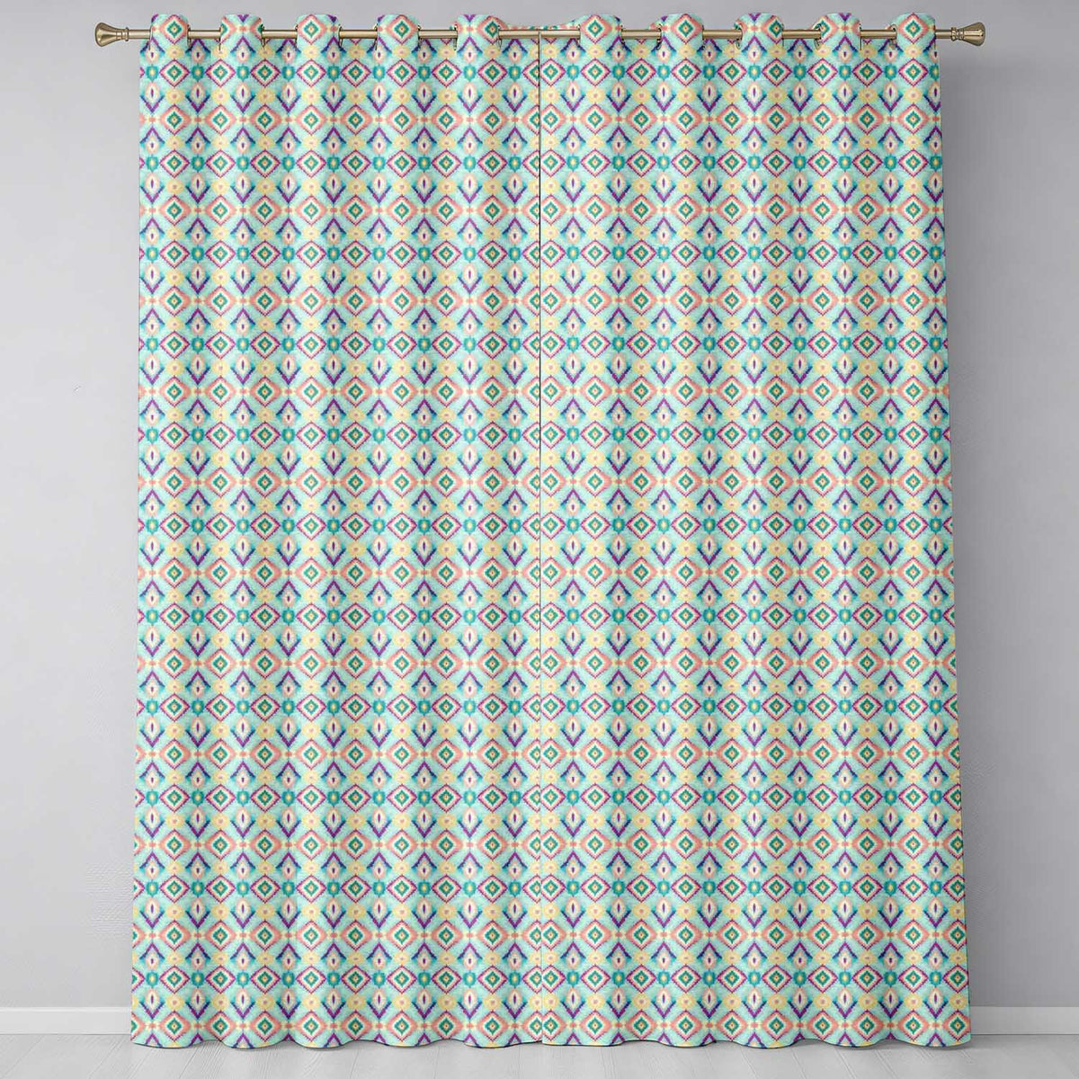 Pastel Geometric Diamond Ikat Pattern in Aqua Pink and Yellow  Readymade Eyelet Ring Top Thermal 100% Blackout Curtains