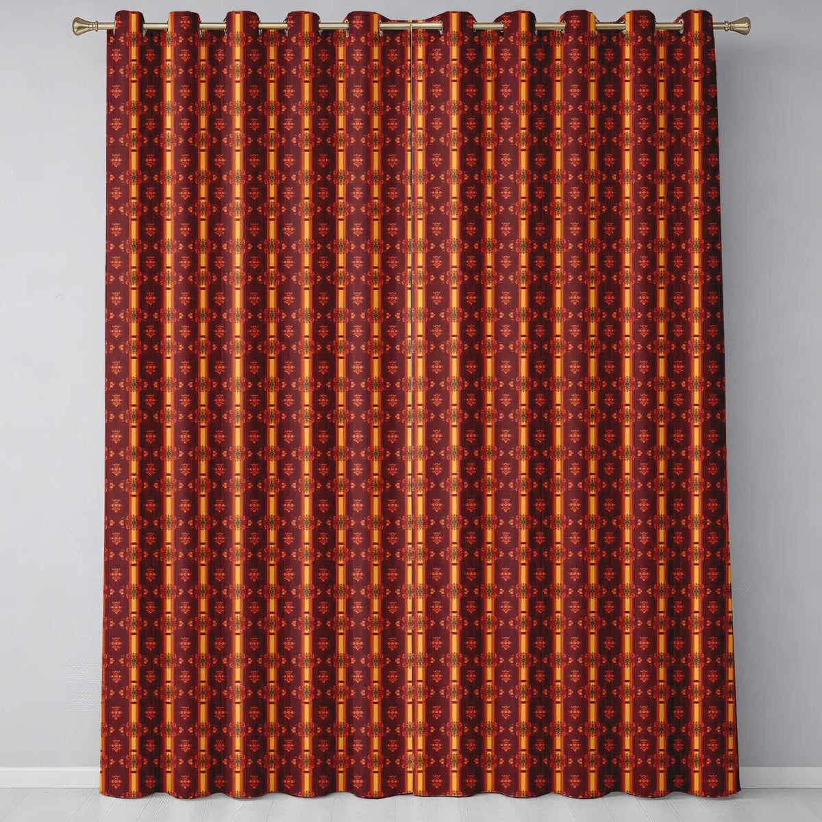 Rich Ornate Stripe Floral Pattern in Deep Red and Gold  Readymade Eyelet Ring Top Thermal 100% Blackout Curtains