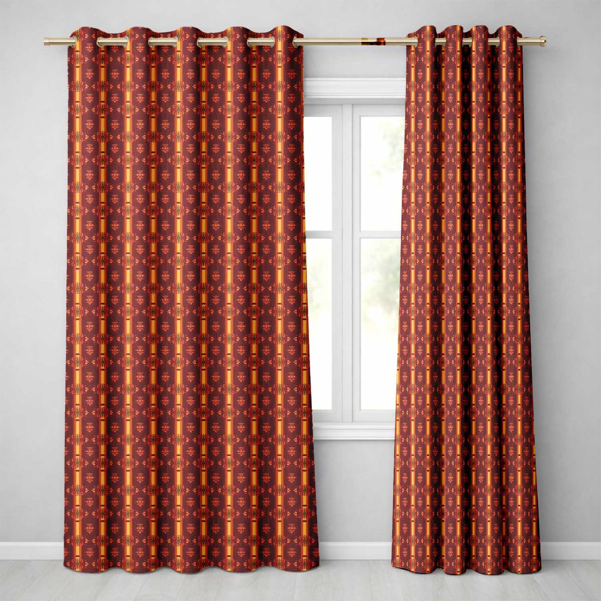 Rich Ornate Stripe Floral Pattern in Deep Red and Gold  Readymade Eyelet Ring Top Thermal 100% Blackout Curtains