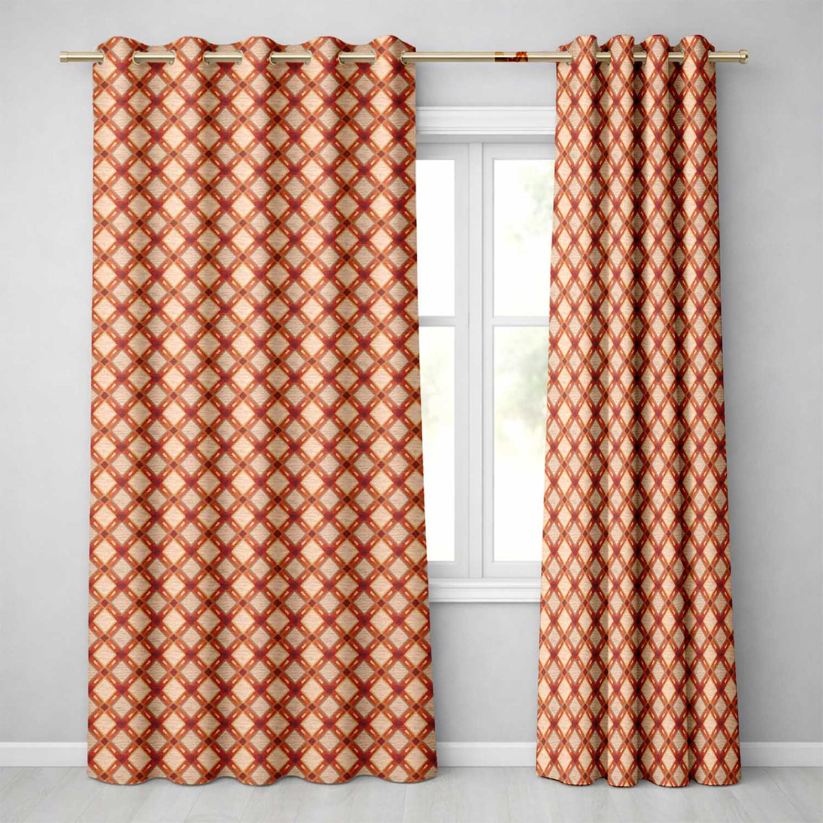 Rust Red Geometric Diamond Lattice Pattern on Neutral Wood Texture  Readymade Eyelet Ring Top Thermal 100% Blackout Curtains
