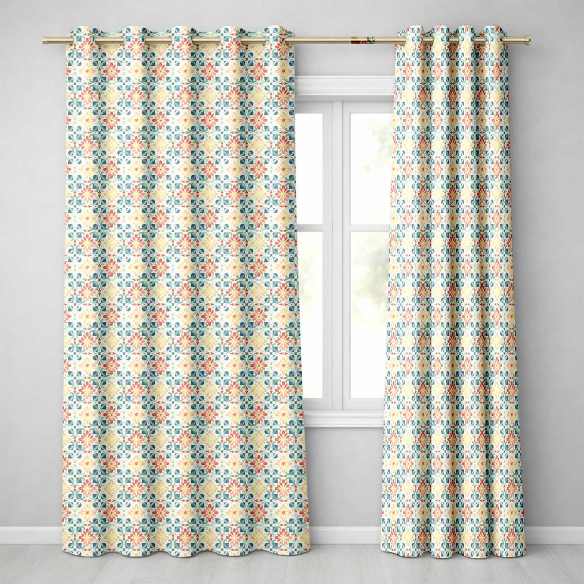 Pastel Floral Tile Pattern in Coral Blue and Yellow on Soft Cream Background  Readymade Eyelet Ring Top Thermal 100% Blackout Curtains