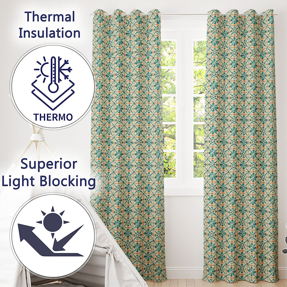 Teal and Coral Geometric Floral Tile Pattern on Warm Cream Background  Readymade Eyelet Ring Top Thermal 100% Blackout Curtains