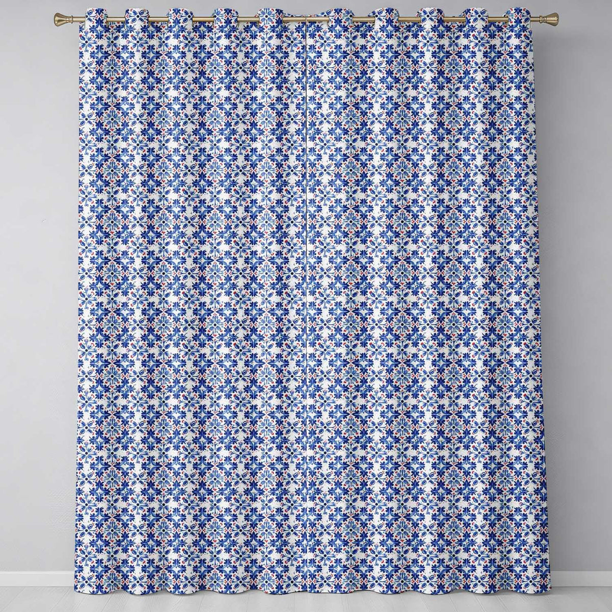 Classic Blue Floral Portuguese Tile Pattern with Red Accents on White  Readymade Eyelet Ring Top Thermal 100% Blackout Curtains
