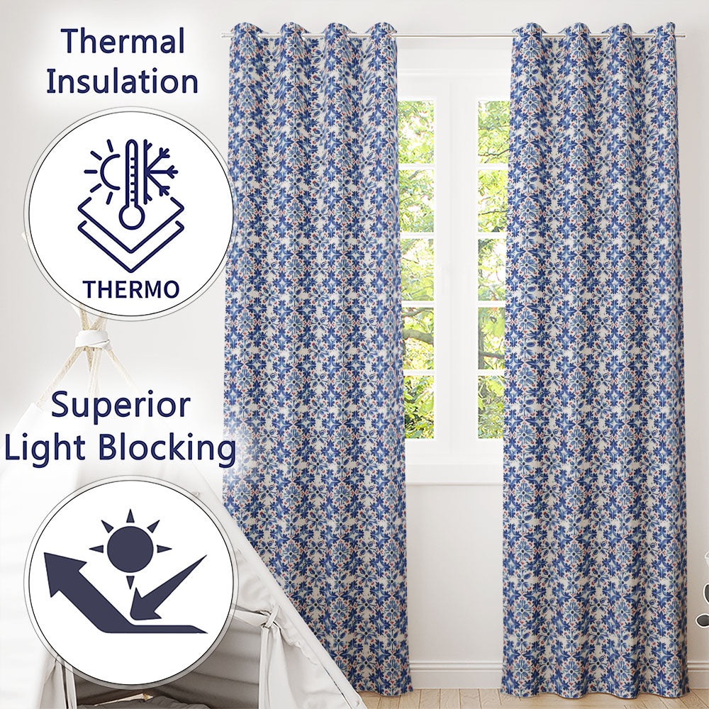 Classic Blue Floral Portuguese Tile Pattern with Red Accents on White  Readymade Eyelet Ring Top Thermal 100% Blackout Curtains