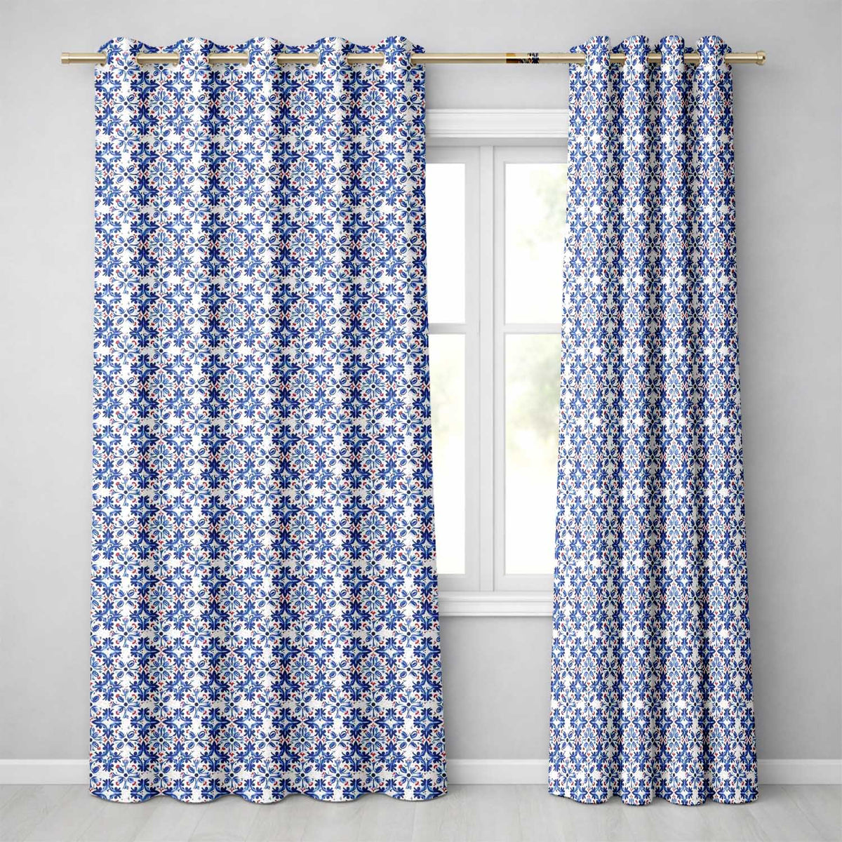 Classic Blue Floral Portuguese Tile Pattern with Red Accents on White  Readymade Eyelet Ring Top Thermal 100% Blackout Curtains