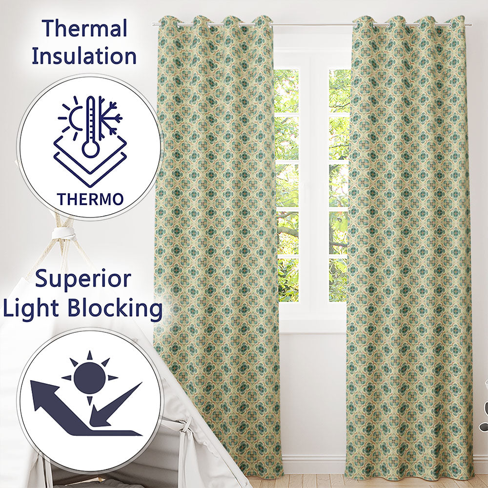 Teal and Cream Ornamental Floral Tile Pattern with Subtle Orange Accents  Readymade Eyelet Ring Top Thermal 100% Blackout Curtains