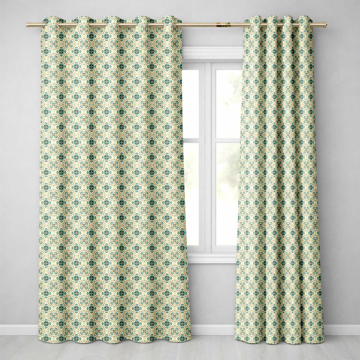 Teal and Cream Ornamental Floral Tile Pattern with Subtle Orange Accents  Readymade Eyelet Ring Top Thermal 100% Blackout Curtains