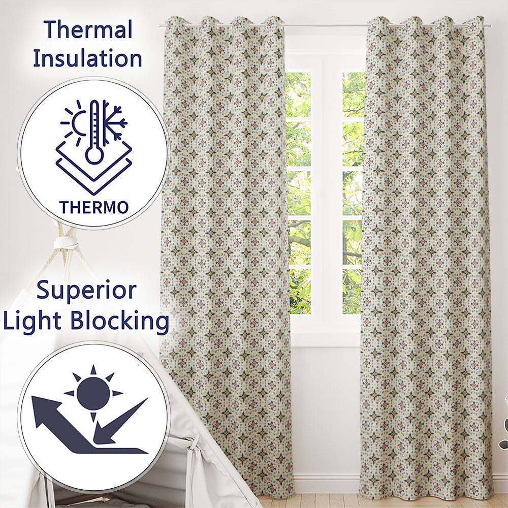 Elegant Neutral Tile Pattern with Navy Blue and Terracotta Floral Motifs  Readymade Eyelet Ring Top Thermal 100% Blackout Curtains