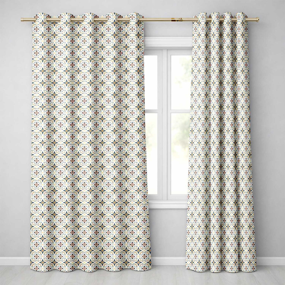 Elegant Neutral Tile Pattern with Navy Blue and Terracotta Floral Motifs  Readymade Eyelet Ring Top Thermal 100% Blackout Curtains