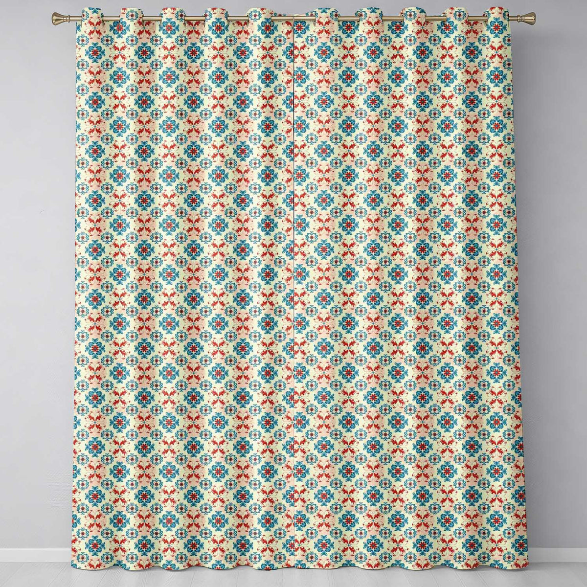 Teal and Red Folk Floral Tile Pattern with Decorative Motifs on Warm Cream  Readymade Eyelet Ring Top Thermal 100% Blackout Curtains