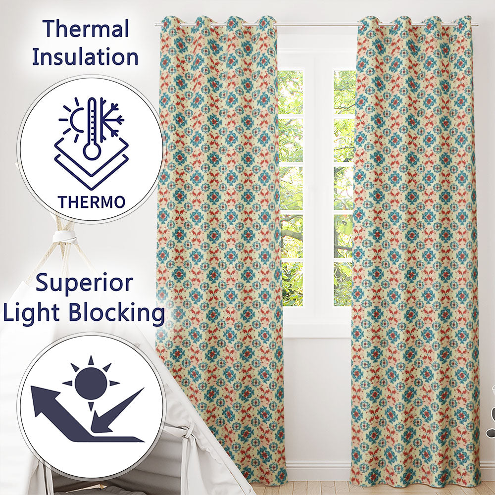 Teal and Red Folk Floral Tile Pattern with Decorative Motifs on Warm Cream  Readymade Eyelet Ring Top Thermal 100% Blackout Curtains