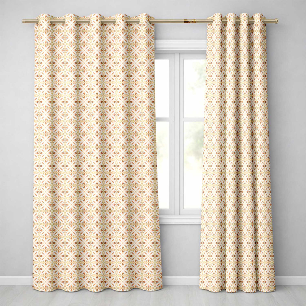 Warm Beige and Terracotta Geometric Floral Tile Pattern in Soft Neutral Tones  Readymade Eyelet Ring Top Thermal 100% Blackout Curtains