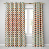 Bold  Floral Tile  in Navy, Orange and Cream with Symmetrical Design  Readymade Eyelet Ring Top Thermal 100% Blackout Curtains
