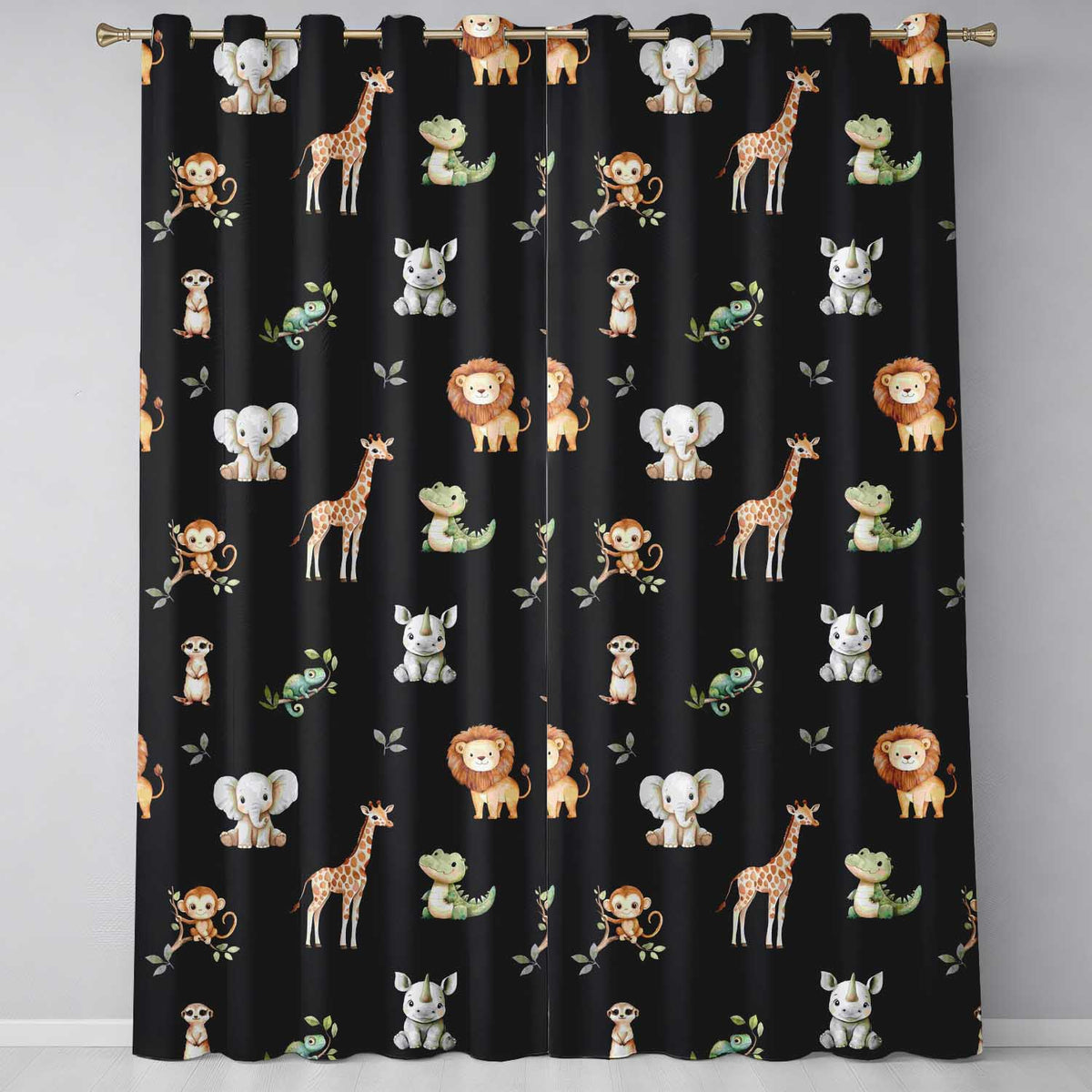 Safari Animals  with Elephant  Lion  and Crocodile on Black Background  Readymade Eyelet Ring Top Thermal 100% Blackout Curtains