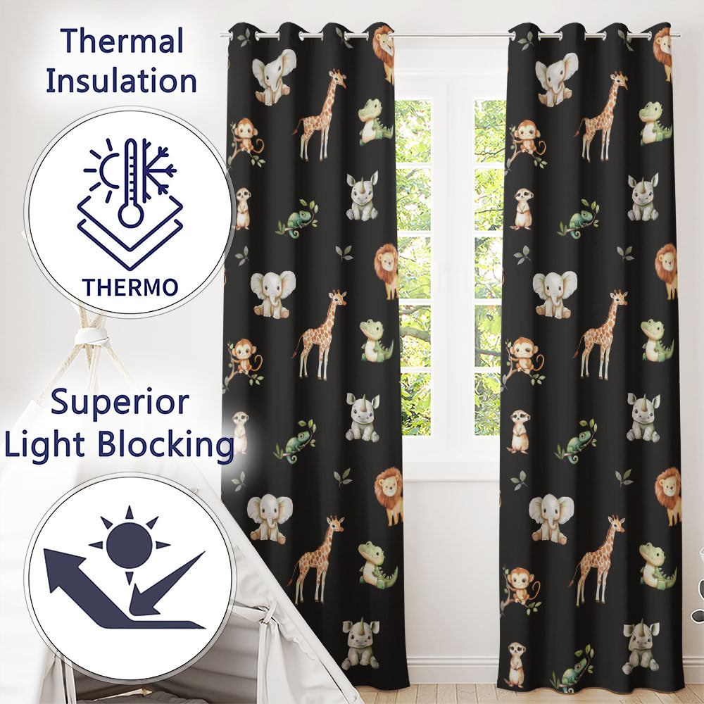 Safari Animals  with Elephant  Lion  and Crocodile on Black Background  Readymade Eyelet Ring Top Thermal 100% Blackout Curtains
