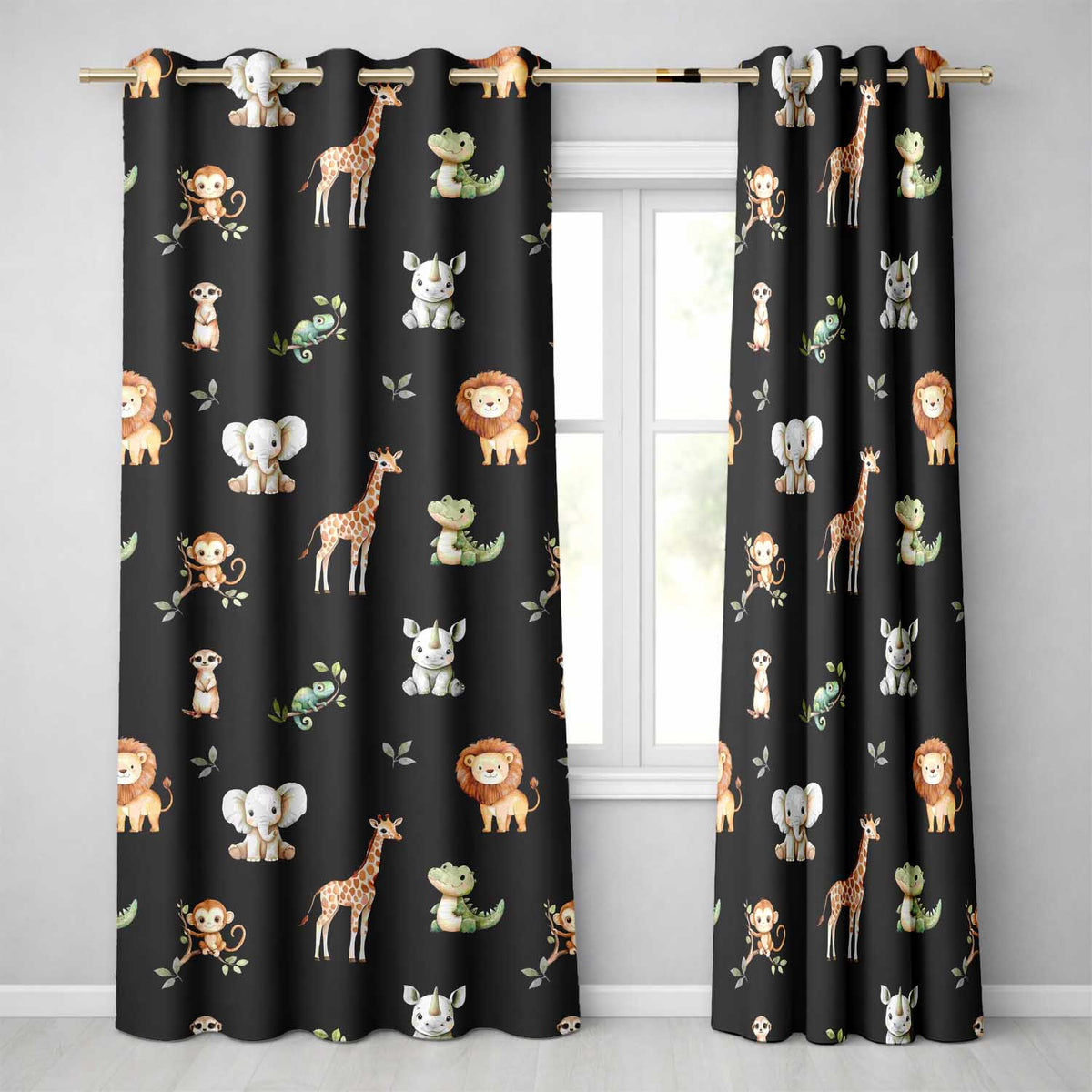 Safari Animals  with Elephant  Lion  and Crocodile on Black Background  Readymade Eyelet Ring Top Thermal 100% Blackout Curtains