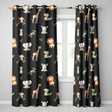 Safari Animals  with Elephant  Lion  and Crocodile on Black Background  Readymade Eyelet Ring Top Thermal 100% Blackout Curtains