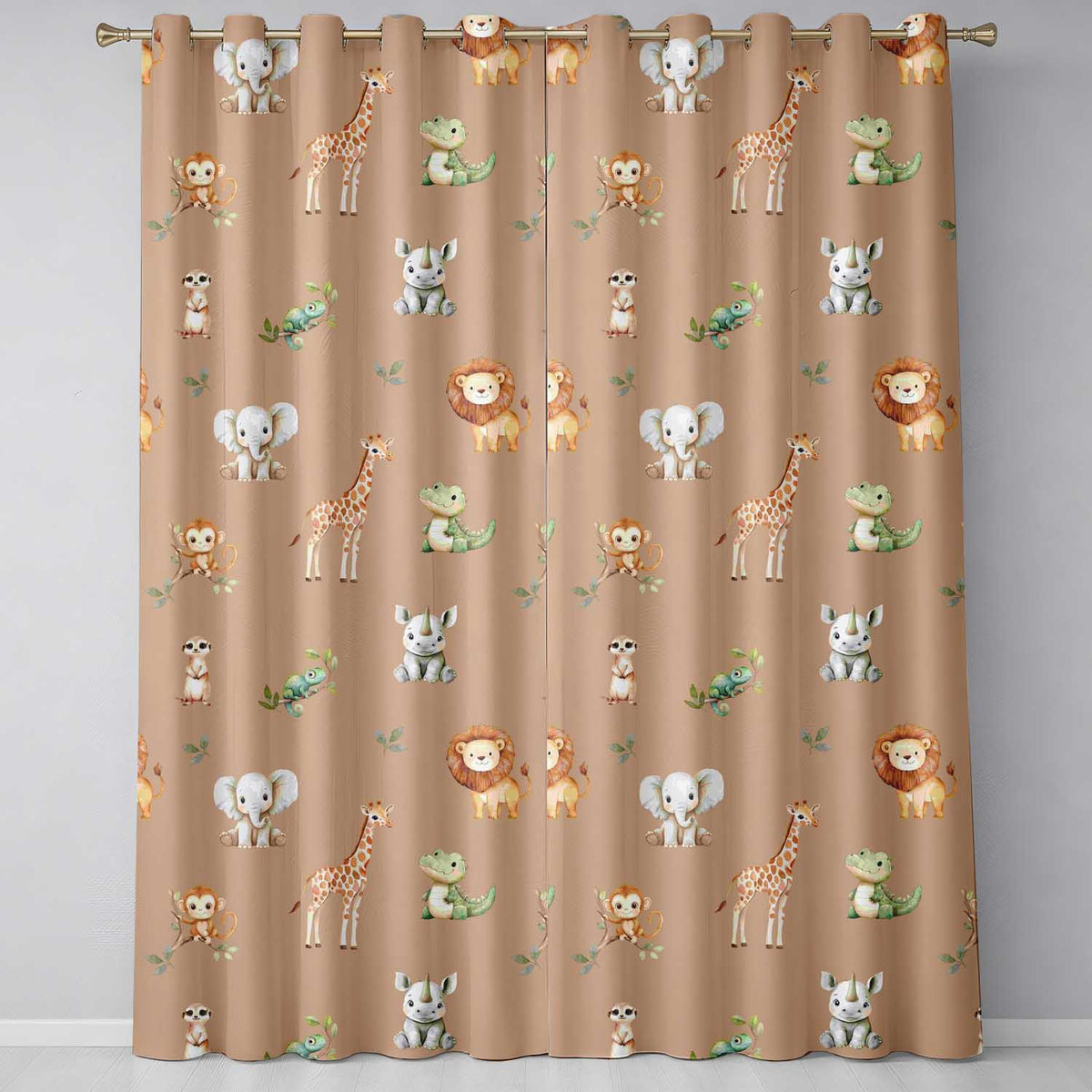 Safari Animals  with Elephant  Lion  and Crocodile on Warm Tan Background  Readymade Eyelet Ring Top Thermal 100% Blackout Curtains