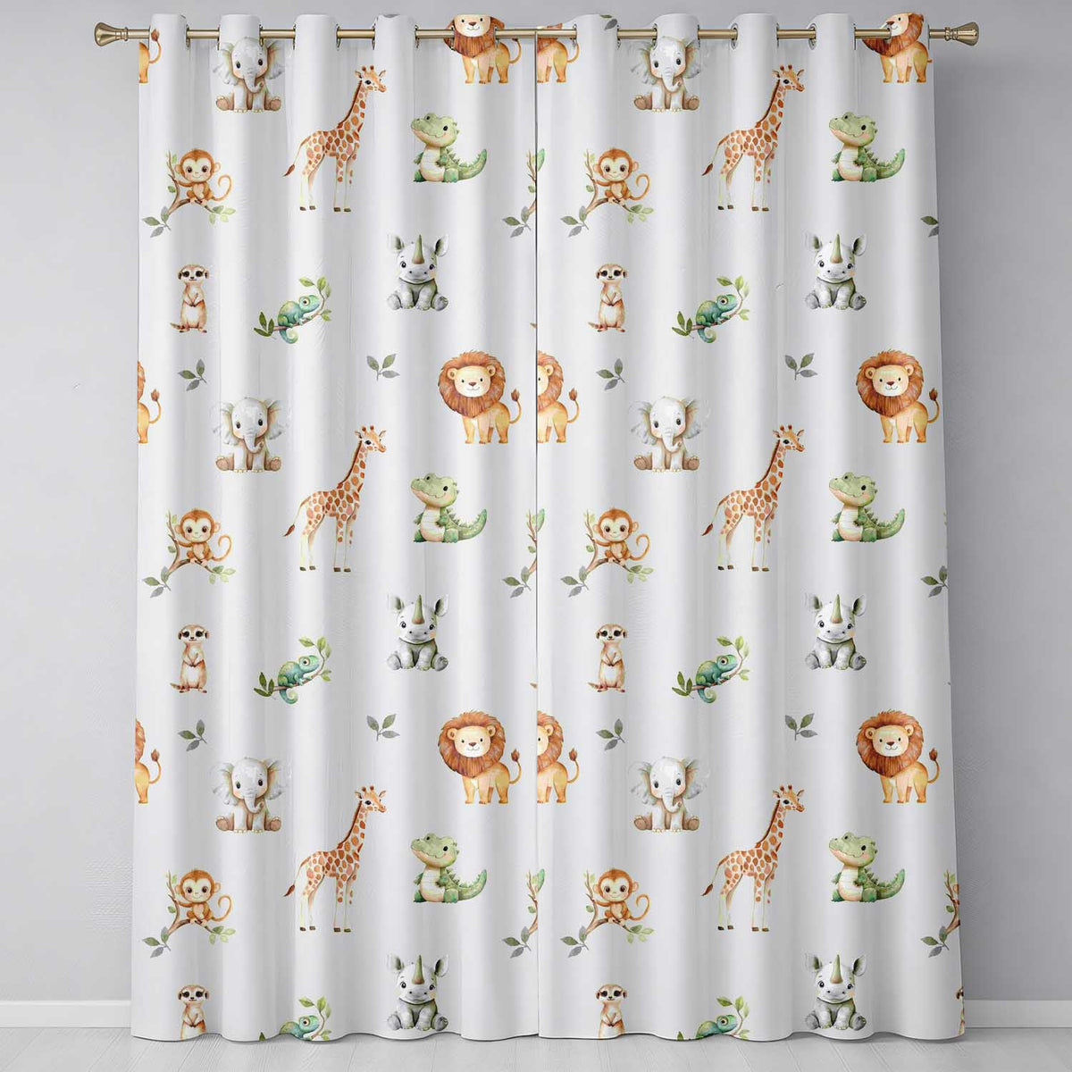 Safari Animals  with Elephant  Lion  and Crocodile on Light Grey Background  Readymade Eyelet Ring Top Thermal 100% Blackout Curtains