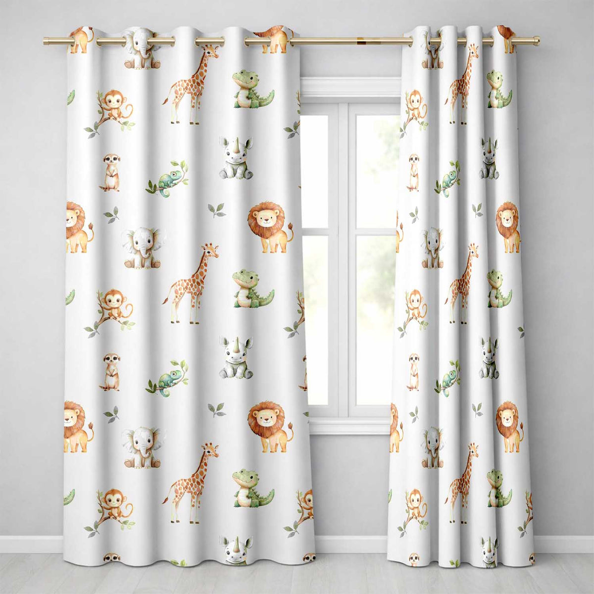 Safari Animals  with Elephant  Lion  and Crocodile on Light Grey Background  Readymade Eyelet Ring Top Thermal 100% Blackout Curtains