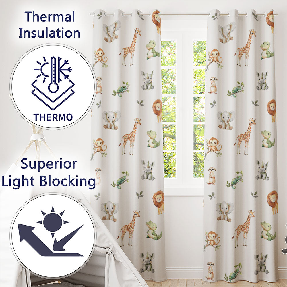 Safari Animals  with Elephant  Lion  and Crocodile on Grey Background  Readymade Eyelet Ring Top Thermal 100% Blackout Curtains