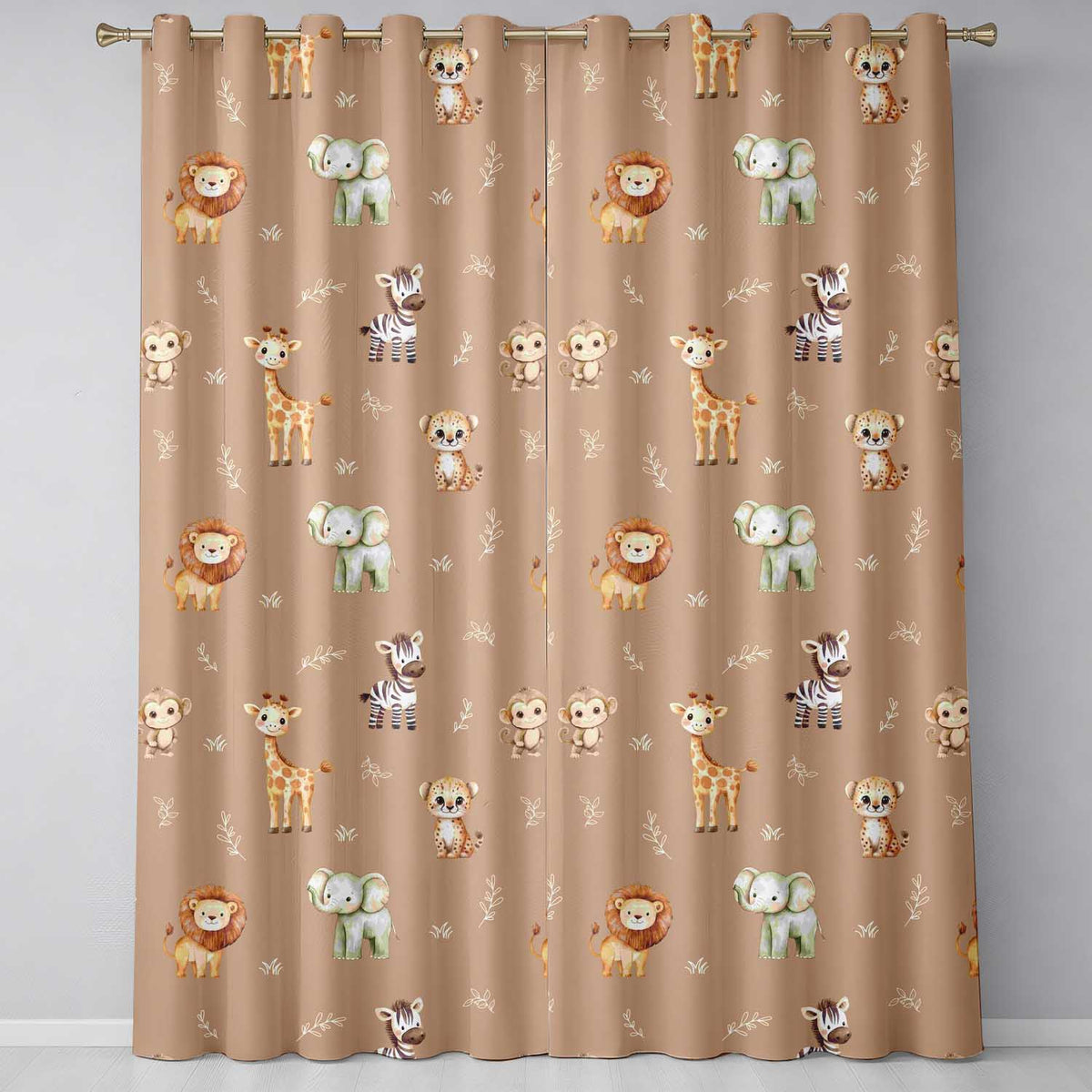 Safari Animals  with Elephant  Lion Cub  and Elephant on Warm Brown Background  Readymade Eyelet Ring Top Thermal 100% Blackout Curtains