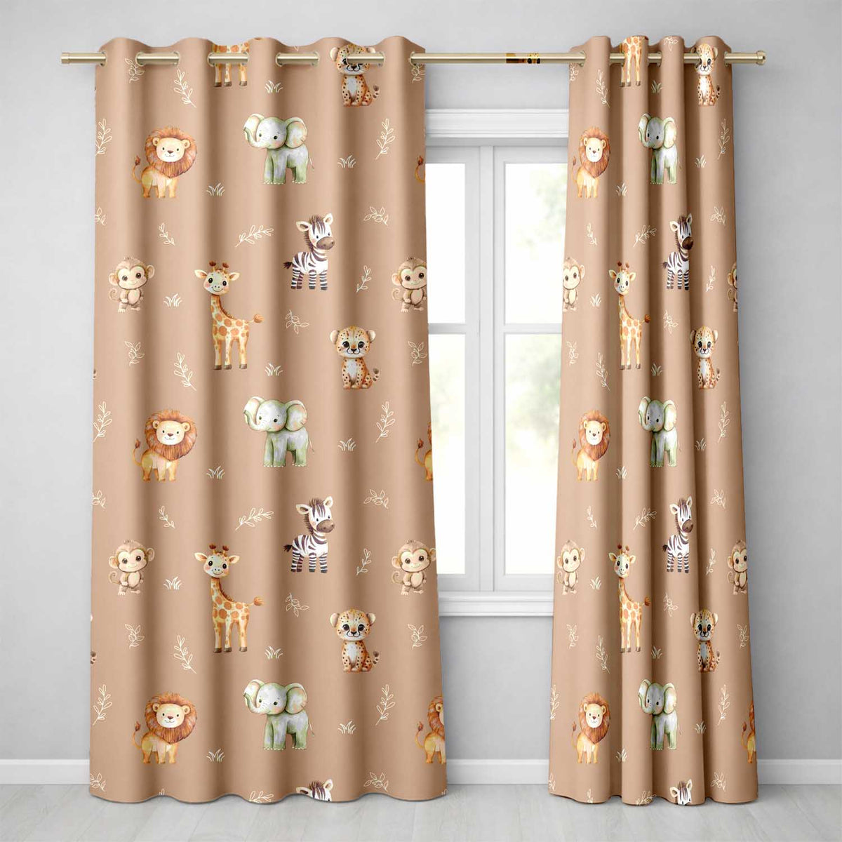 Safari Animals  with Elephant  Lion Cub  and Elephant on Warm Brown Background  Readymade Eyelet Ring Top Thermal 100% Blackout Curtains