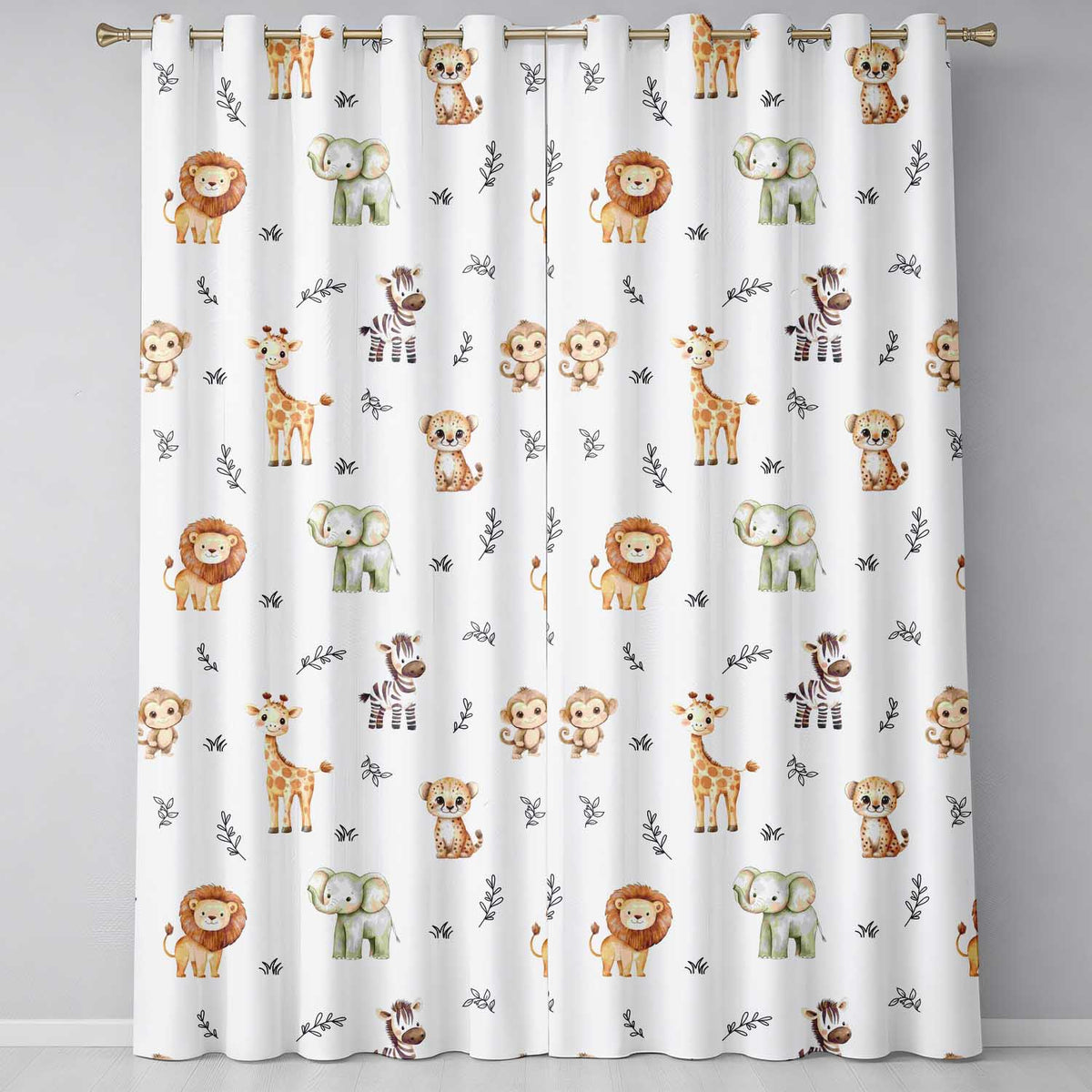Safari Animals  with  Elephant Lion  and Leopard Cub on White Background  Readymade Eyelet Ring Top Thermal 100% Blackout Curtains
