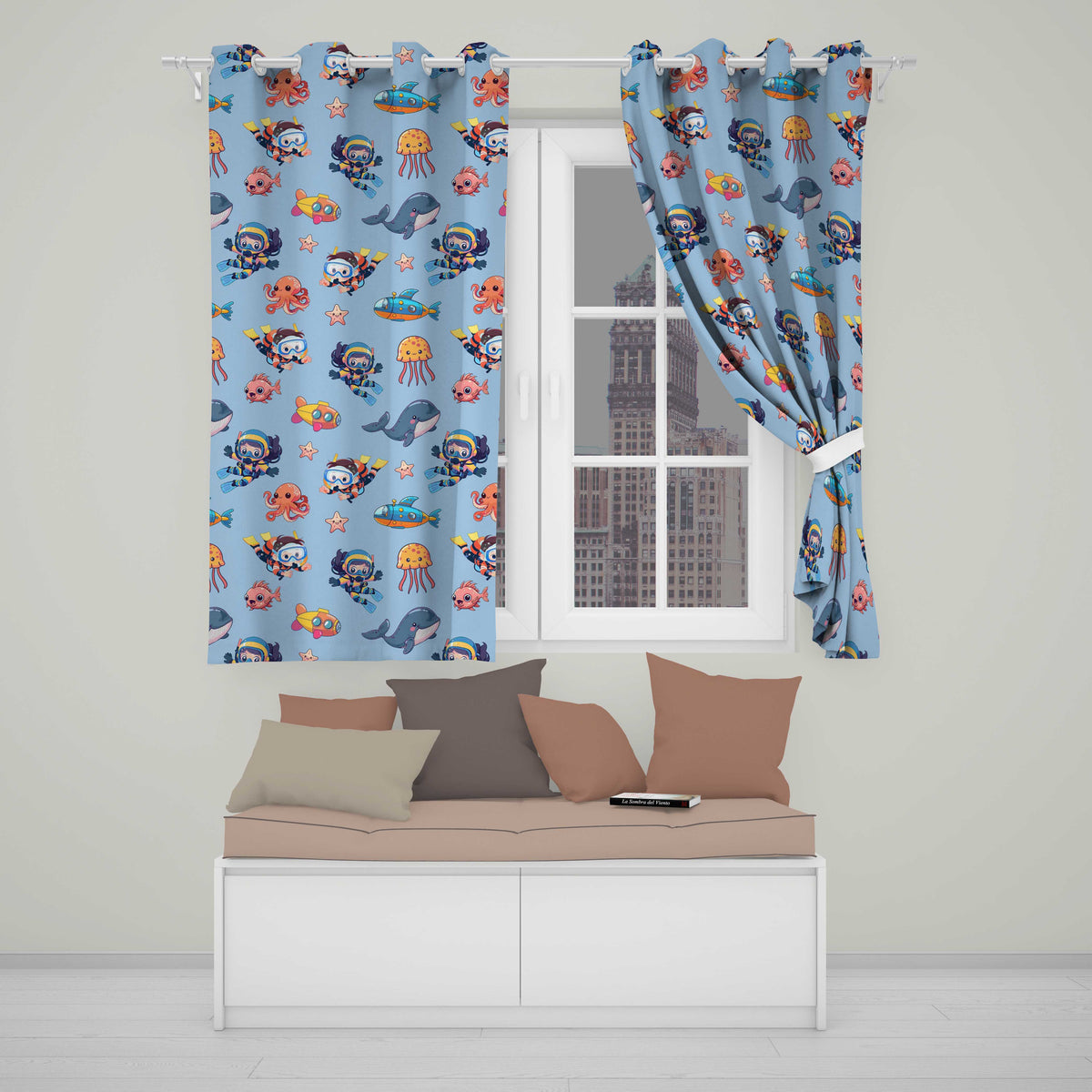 Underwater  with Scuba Divers Starfish and Whale on Soft Blue Background  Readymade Eyelet Ring Top Thermal 100% Blackout Curtains