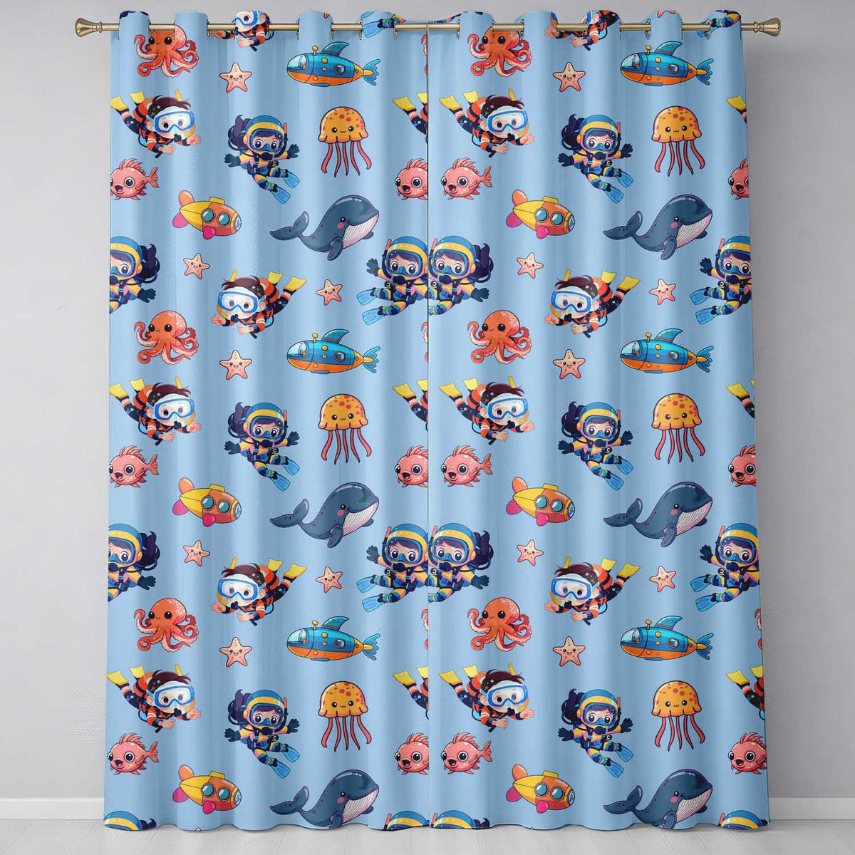 Underwater  with Scuba Divers Starfish and Whale on Soft Blue Background  Readymade Eyelet Ring Top Thermal 100% Blackout Curtains
