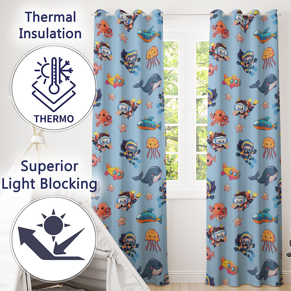 Underwater  with Scuba Divers Starfish and Whale on Soft Blue Background  Readymade Eyelet Ring Top Thermal 100% Blackout Curtains