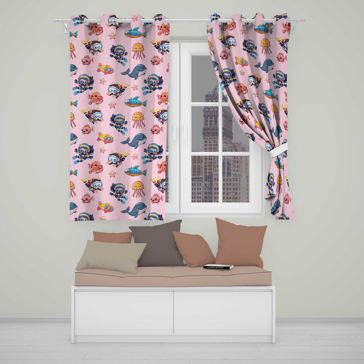Underwater   with Scuba Divers Starfish and Whale on Soft Blush Pink Background  Readymade Eyelet Ring Top Thermal 100% Blackout Curtains