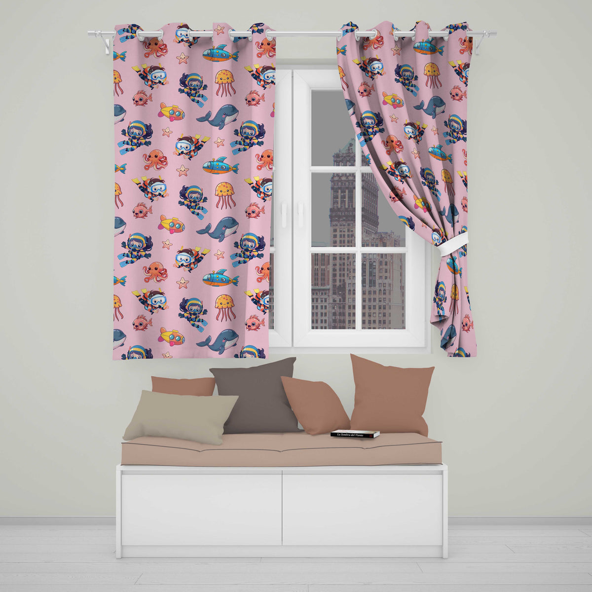 Underwater  with Scuba Divers Starfish and Whale on Blush Pink Background  Readymade Eyelet Ring Top Thermal 100% Blackout Curtains