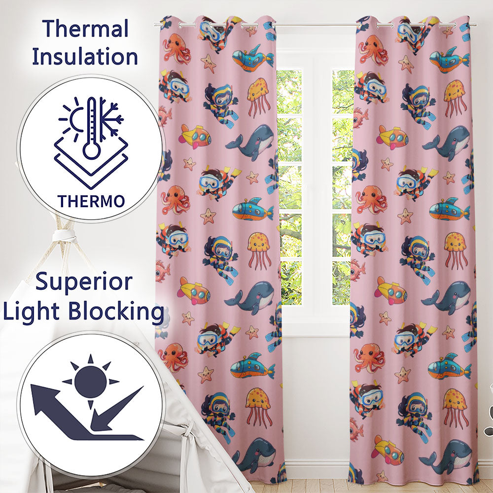 Underwater  with Scuba Divers Starfish and Whale on Blush Pink Background  Readymade Eyelet Ring Top Thermal 100% Blackout Curtains