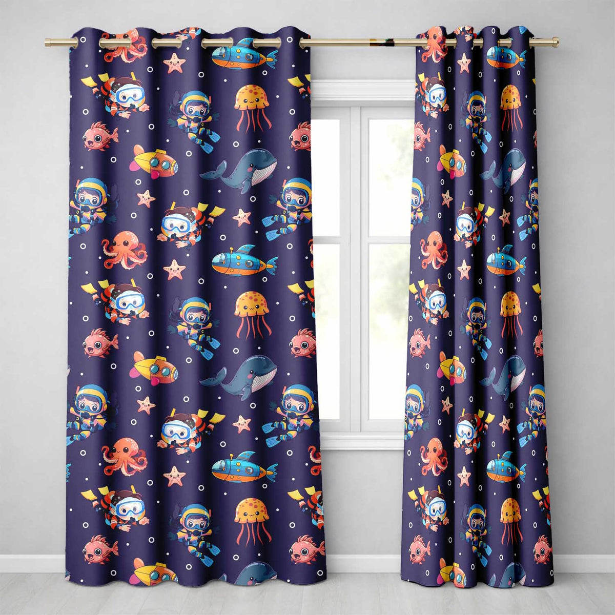 Underwater   with Scuba Divers    Starfish and Whale on Rich Purple Background  Readymade Eyelet Ring Top Thermal 100% Blackout Curtains