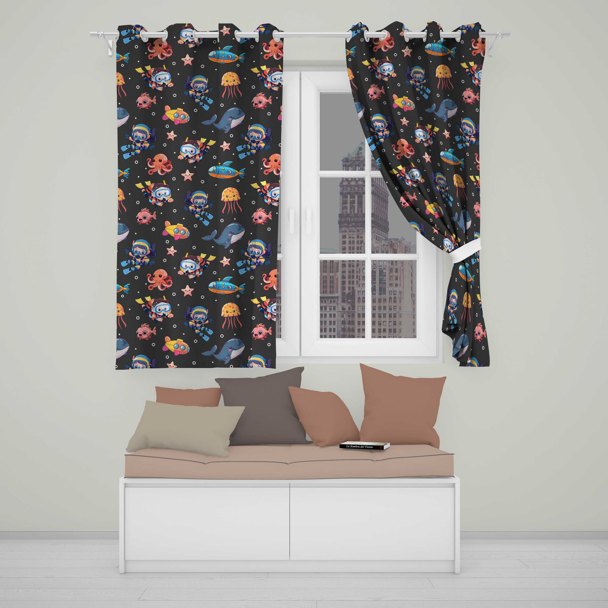 Underwater   with Scuba Divers  Starfish and Whale on Dark Charcoal Background  Readymade Eyelet Ring Top Thermal 100% Blackout Curtains