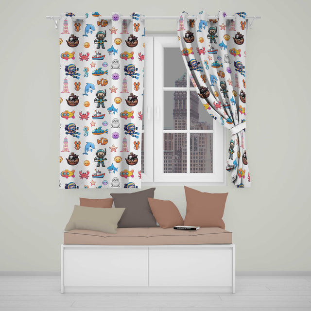 Cartoon Ocean  with various sea Creatures on Soft Beige Background  Readymade Eyelet Ring Top Thermal 100% Blackout Curtains