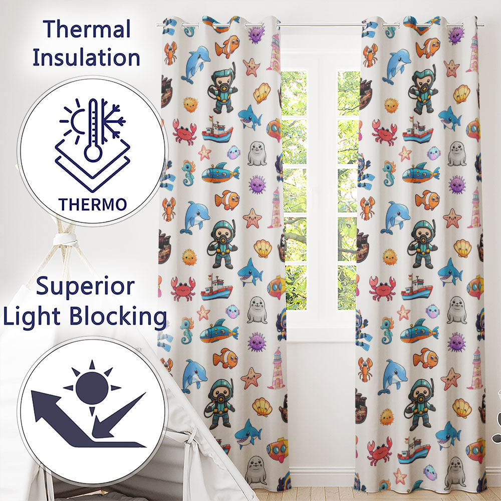 Cartoon Ocean  with various sea Creatures on Soft Beige Background  Readymade Eyelet Ring Top Thermal 100% Blackout Curtains